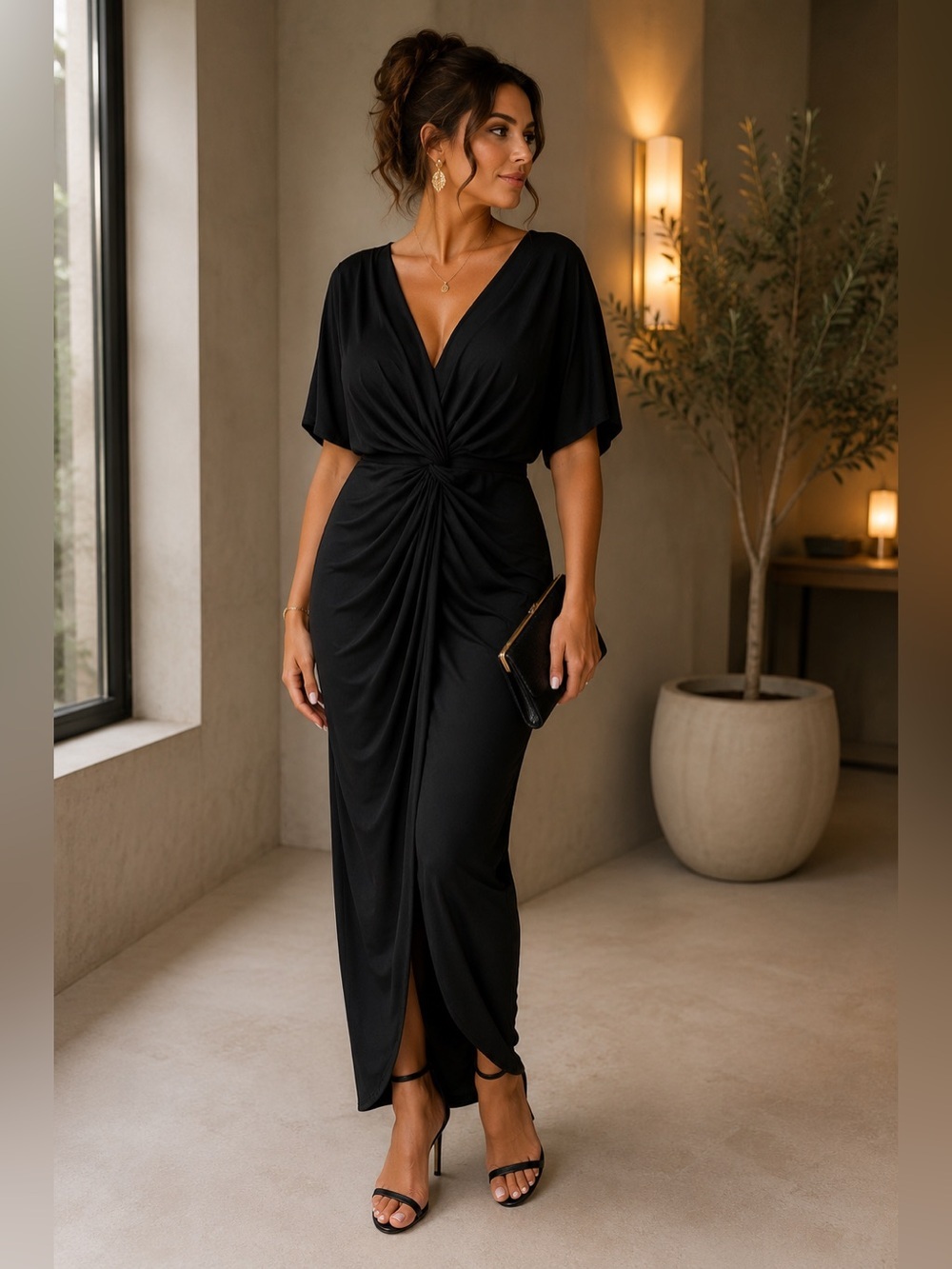 Plus size Elegant evening Black drape dress